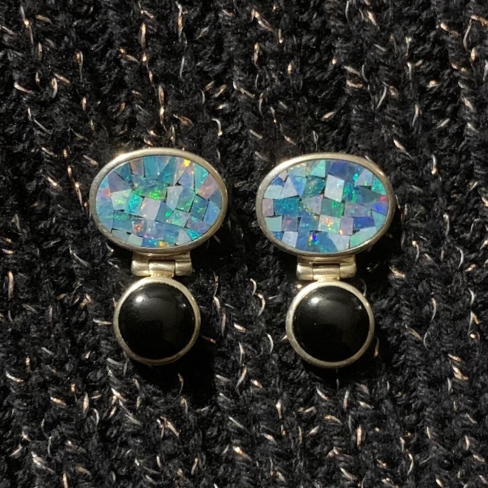 Vintage Mosaic Opal & Onyx Sterling Silver hinged earrings